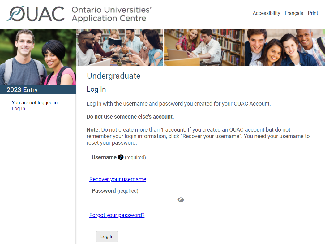 Screenshot of current 101 and 105 application login page.