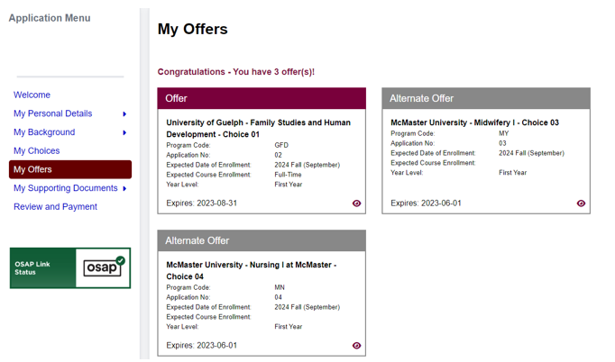 screenshot of My Offers page