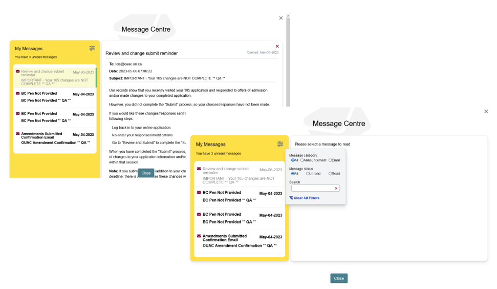 Screenshots of the Message Centre