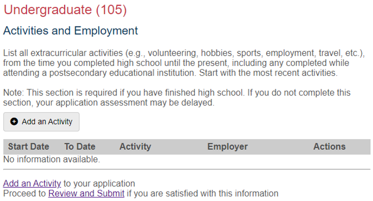 Current 105 Application Activities and Employment page