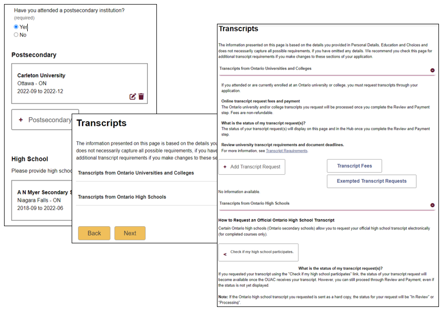 Undergraduate Application Transcripts page - example 1.