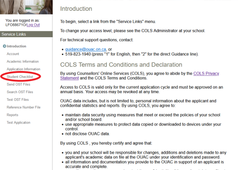 How to access the Student Checklist in COLS.