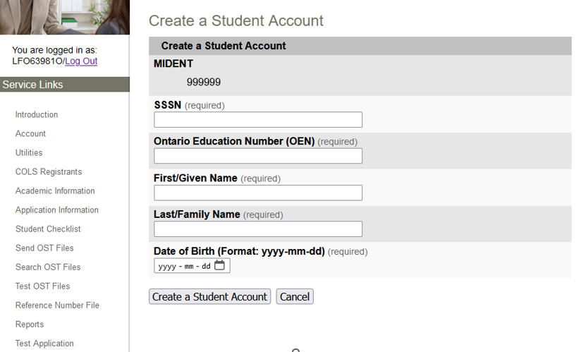 The Create a Student Account page in COLS.